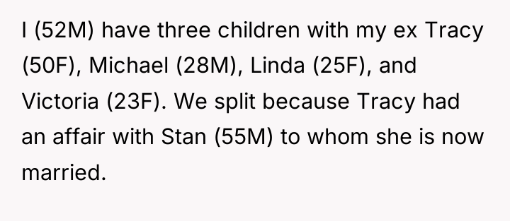 I (52M) have three children with my ex Tracy (50F),...