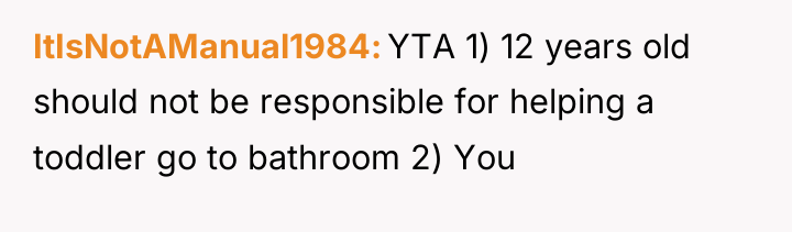 ItIsNotAManual1984 YTA 1) 12 years old should not be responsible...