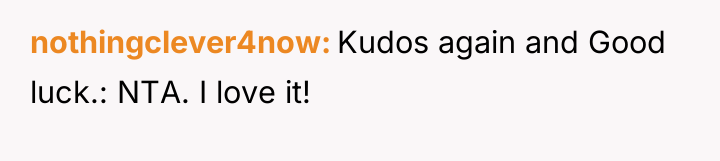 nothingclever4now Kudos again and Good luck.: NTA. I love it!