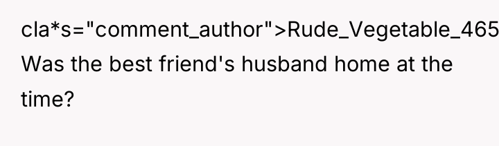 cla*s="comment_author">Rude_Vegetable_4653: Was the best friend's husband home at the time?