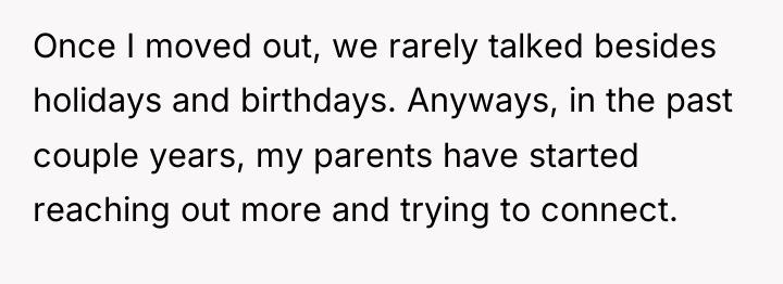 Once I moved out, we rarely talked besides holidays and...
