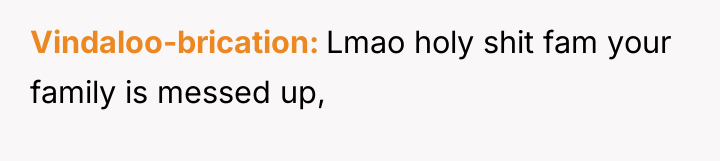 Vindaloo-brication Lmao holy shit fam your family is messed up,