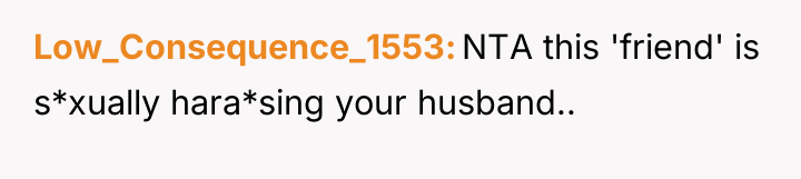 Low_Consequence_1553 NTA this 'friend' is s*xually hara*sing your husband..