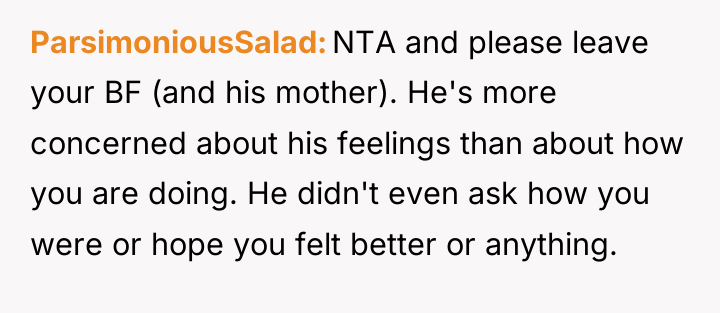 ParsimoniousSalad NTA and please leave your BF (and his mother)....