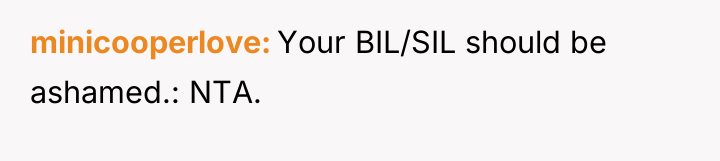 minicooperlove Your BIL/SIL should be ashamed.: NTA.
