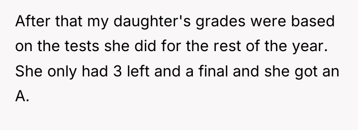 After that my daughter's grades were based on the tests...