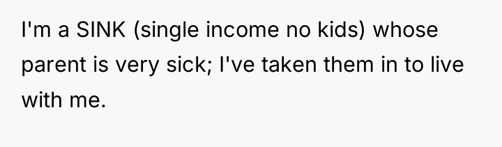 I'm a SINK (single income no kids) whose parent is...