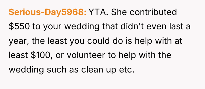 Serious-Day5968 YTA. She contributed $550 to your wedding that didn't...