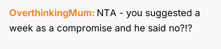 OverthinkingMum NTA - you suggested a week as a compromise...