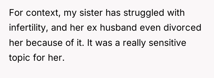 For context, my sister has struggled with infertility, and her...
