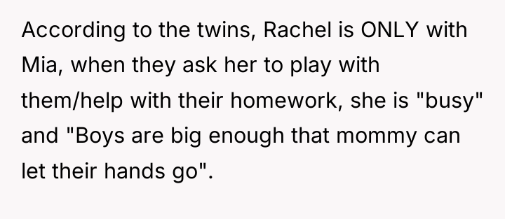 According to the twins, Rachel is ONLY with Mia, when...