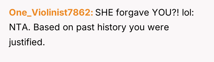 One_Violinist7862 SHE forgave YOU?! lol: NTA. Based on past history...
