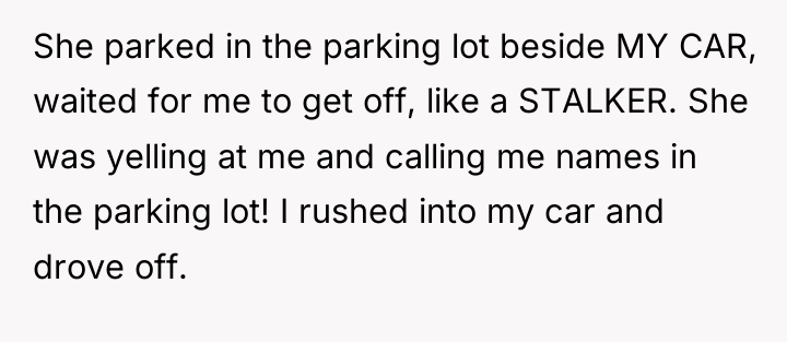 She parked in the parking lot beside MY CAR, waited...