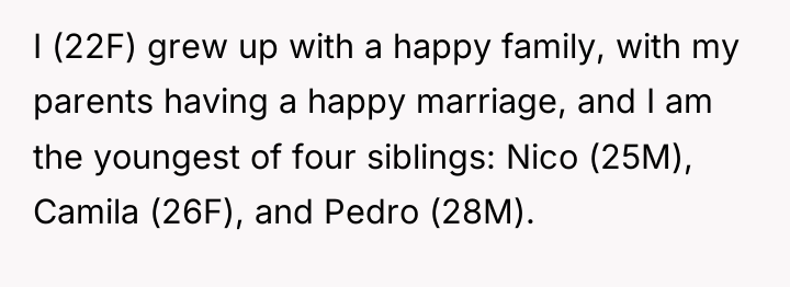 I (22F) grew up with a happy family, with my...