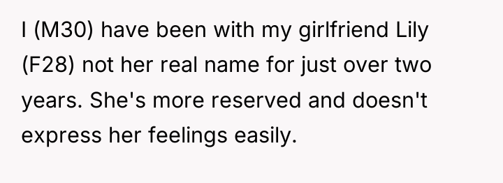 I (M30) have been with my girlfriend Lily (F28) not...