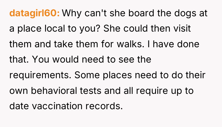 datagirl60 Why can't she board the dogs at a place...