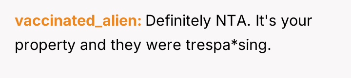 vaccinated_alien Definitely NTA. It's your property and they were trespa*sing.
