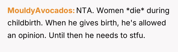 MouldyAvocados NTA. Women *die* during childbirth. When he gives birth,...