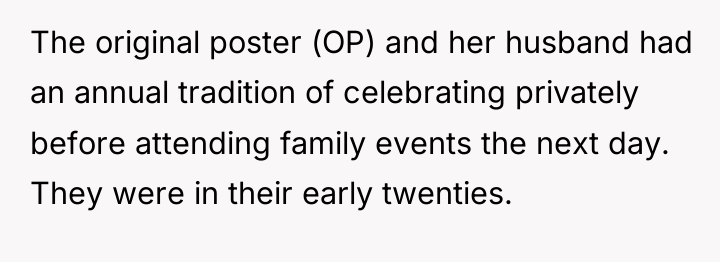 The original poster (OP) and her husband had an annual...