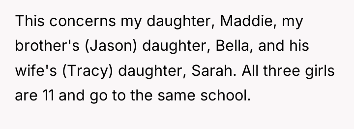 This concerns my daughter, Maddie, my brother's (Jason) daughter, Bella,...