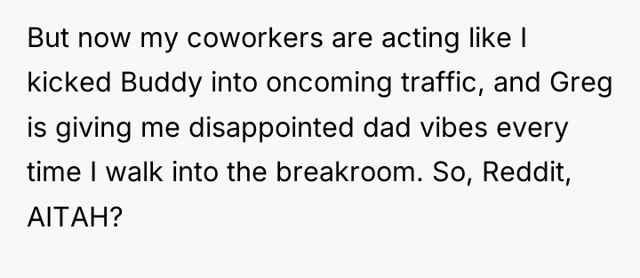 But now my coworkers are acting like I kicked Buddy...