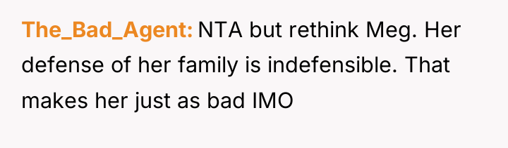 The_Bad_Agent NTA but rethink Meg. Her defense of her family...