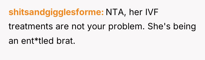 shitsandgigglesforme NTA, her IVF treatments are not your problem. She's...