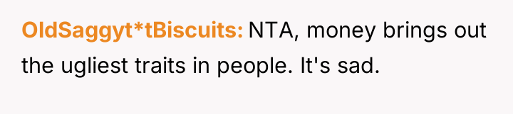 OldSaggyt*tBiscuits NTA, money brings out the ugliest traits in people....