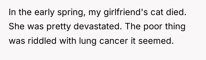 In the early spring, my girlfriend's cat died. She was...