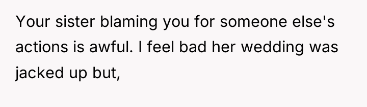 Your sister blaming you for someone else's actions is awful....
