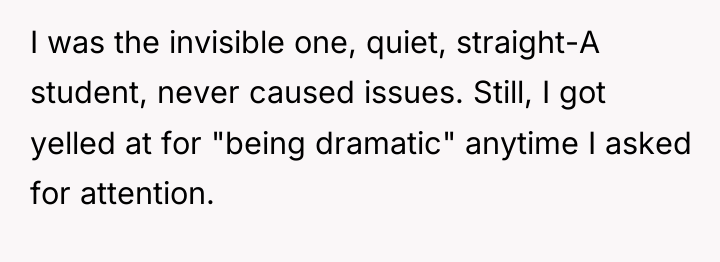 I was the invisible one, quiet, straight-A student, never caused...