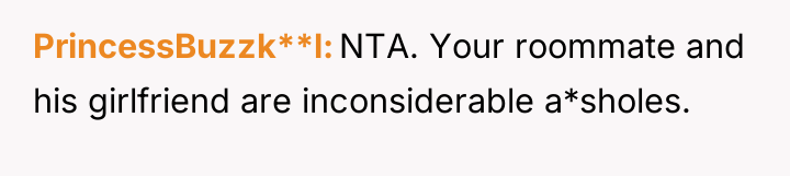 PrincessBuzzk**l NTA. Your roommate and his girlfriend are inconsiderable a*sholes.