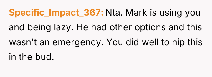 Specific_Impact_367 Nta. Mark is using you and being lazy. He...