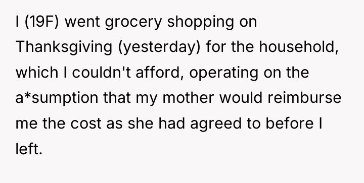 I (19F) went grocery shopping on Thanksgiving (yesterday) for the...