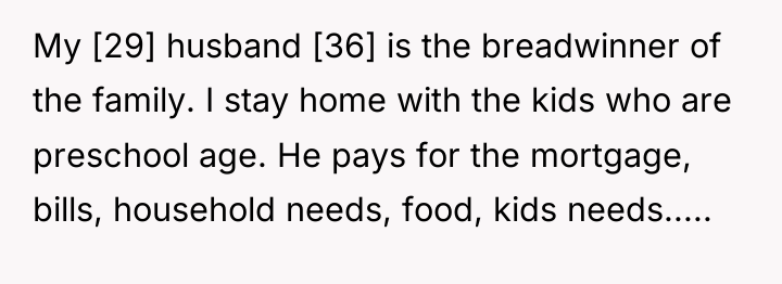My [29] husband [36] is the breadwinner of the family....