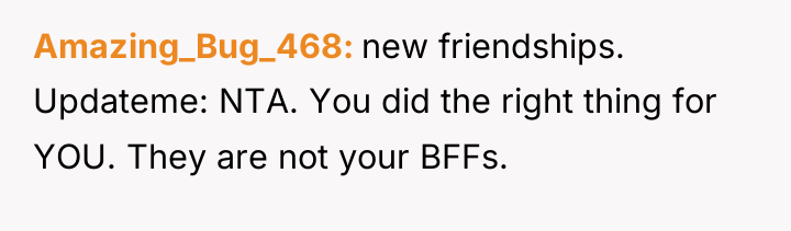 Amazing_Bug_468 new friendships. Updateme: NTA. You did the right thing...