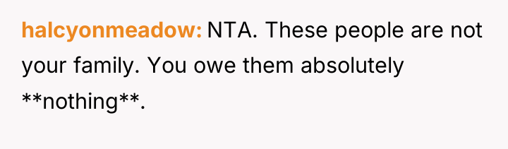 halcyonmeadow NTA. These people are not your family. You owe...