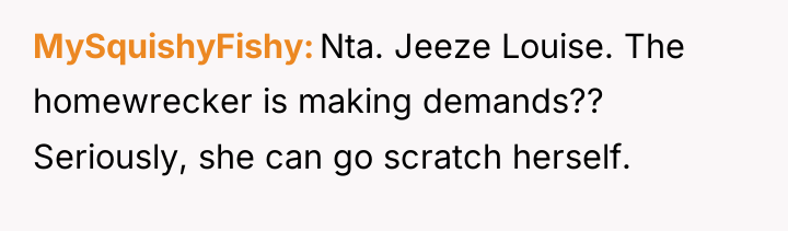 MySquishyFishy Nta. Jeeze Louise. The homewrecker is making demands?? Seriously,...