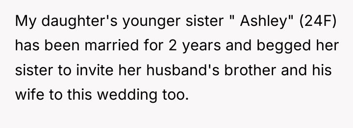 My daughter's younger sister " Ashley" (24F) has been married...