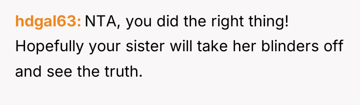 hdgal63 NTA, you did the right thing! Hopefully your sister...