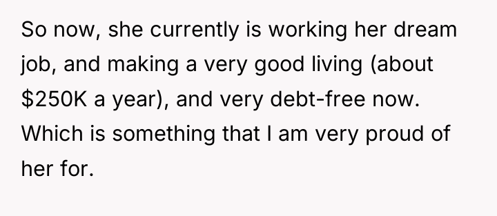 So now, she currently is working her dream job, and...