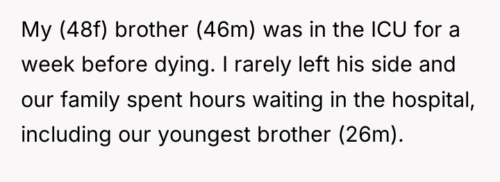 My (48f) brother (46m) was in the ICU for a...