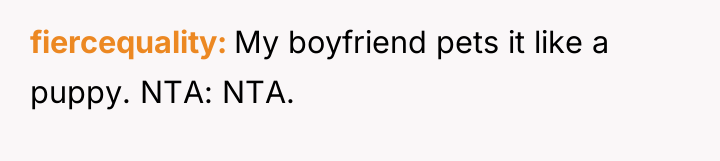 fiercequality My boyfriend pets it like a puppy. NTA: NTA.