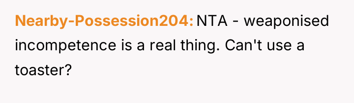 Nearby-Possession204 NTA - weaponised incompetence is a real thing. Can't...