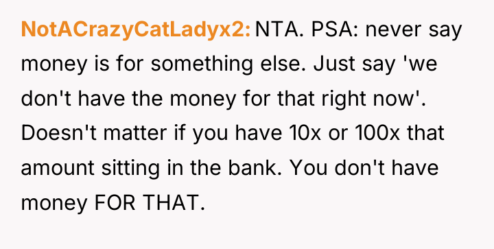 NotACrazyCatLadyx2 NTA. PSA: never say money is for something else....