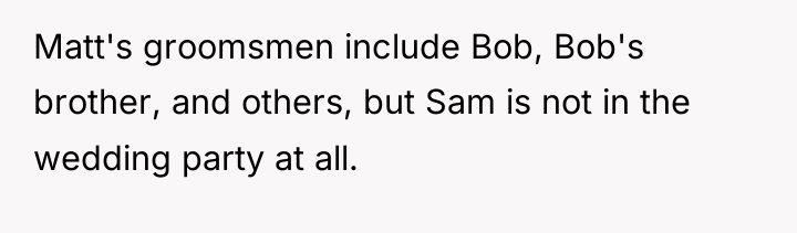 Matt's groomsmen include Bob, Bob's brother, and others, but Sam...