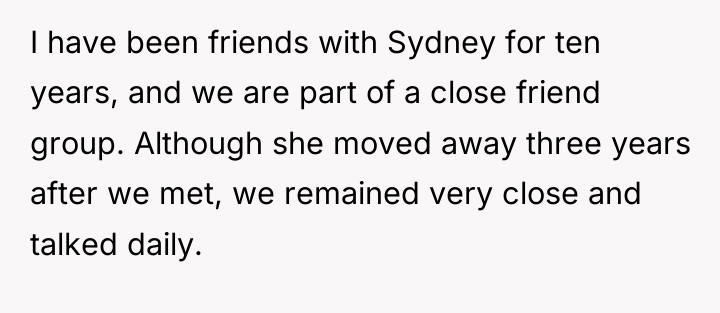 I have been friends with Sydney for ten years, and...