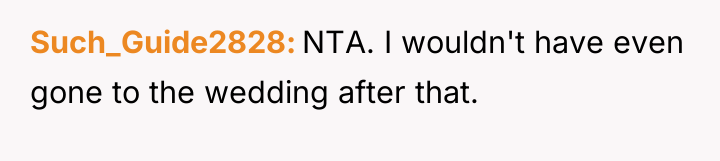 Such_Guide2828 NTA. I wouldn't have even gone to the wedding...