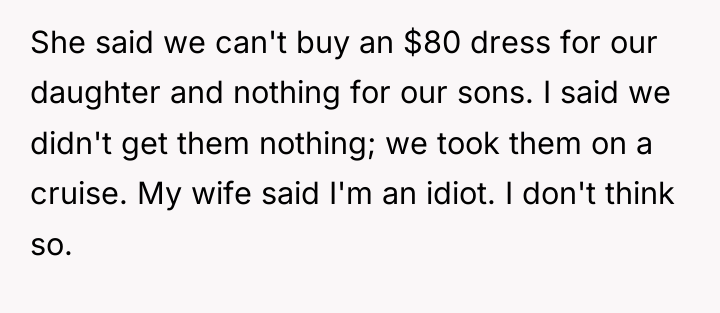 She said we can't buy an $80 dress for our...