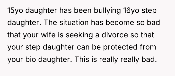 15yo daughter has been bullying 16yo step daughter. The situation...